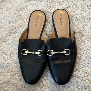 Black faux leather mules